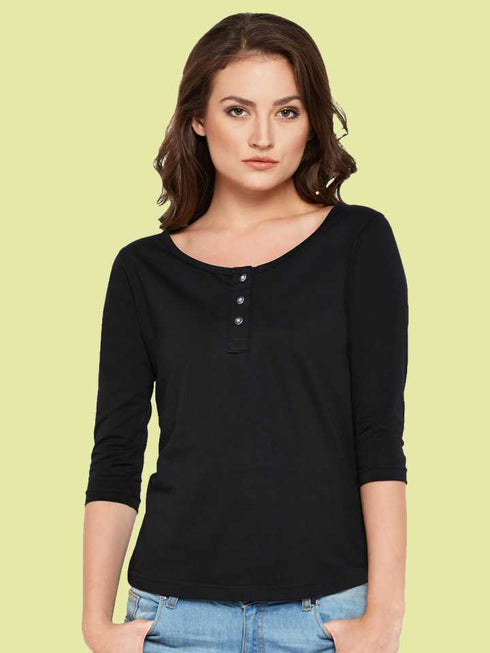 Women Black 3/4 Sleeves Henley T-Shirt
